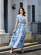 Floral Print Lapel Collar Short Sleeve Maxi Dress - Guy Christopher