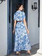 Floral Print Lapel Collar Short Sleeve Maxi Dress - Guy Christopher