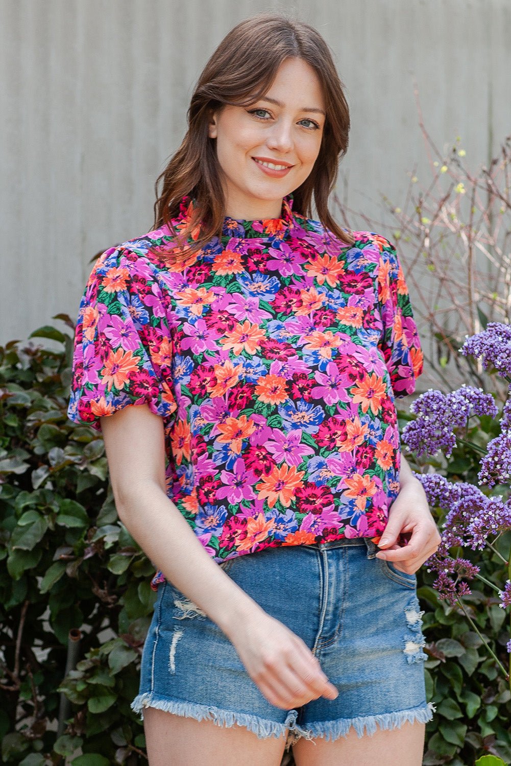 Floral Print Puff Sleeve Round Neck Blouse - Guy Christopher