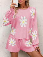 Floral Print Raglan Sleeve Knit Top and Tie Front Sweater Shorts Set - Guy Christopher