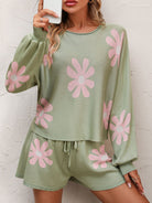 Floral Print Raglan Sleeve Knit Top and Tie Front Sweater Shorts Set - Guy Christopher