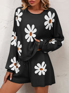 Floral Print Raglan Sleeve Knit Top and Tie Front Sweater Shorts Set - Guy Christopher