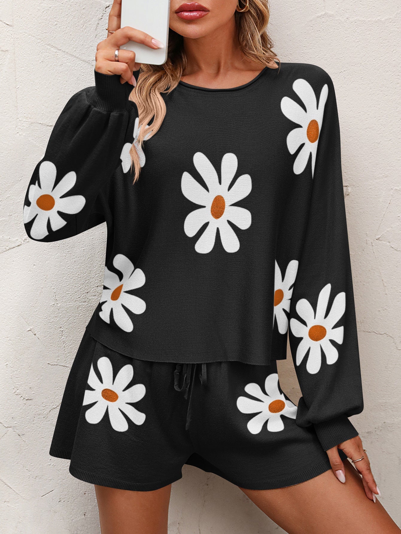 Floral Print Raglan Sleeve Knit Top and Tie Front Sweater Shorts Set - Guy Christopher