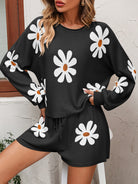 Floral Print Raglan Sleeve Knit Top and Tie Front Sweater Shorts Set - Guy Christopher