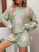 Floral Print Raglan Sleeve Knit Top and Tie Front Sweater Shorts Set - Guy Christopher