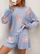 Floral Print Raglan Sleeve Knit Top and Tie Front Sweater Shorts Set - Guy Christopher