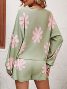 Floral Print Raglan Sleeve Knit Top and Tie Front Sweater Shorts Set - Guy Christopher