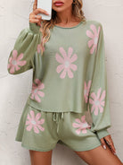 Floral Print Raglan Sleeve Knit Top and Tie Front Sweater Shorts Set - Guy Christopher