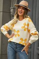 Floral Print Round Neck Dropped Shoulder Pullover Sweater - Guy Christopher