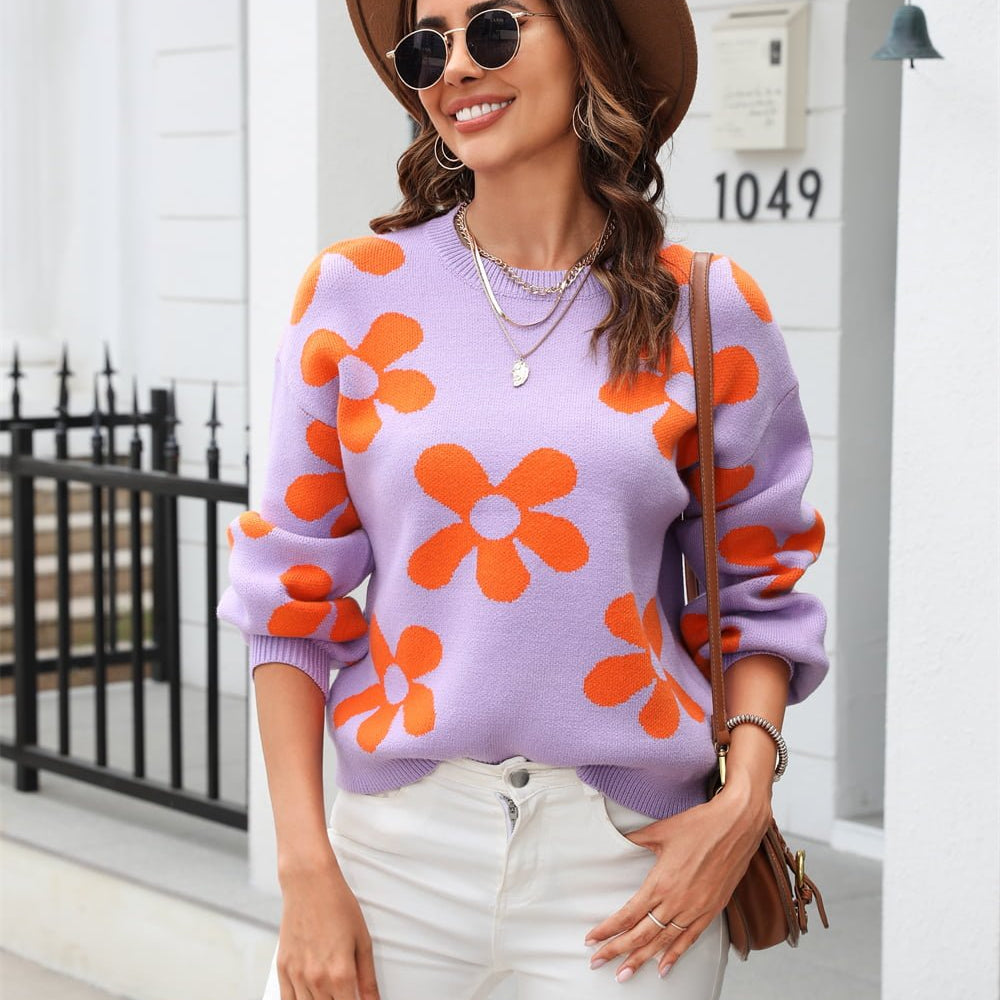 Floral Print Round Neck Dropped Shoulder Pullover Sweater - Guy Christopher