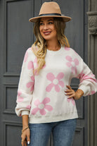 Floral Print Round Neck Dropped Shoulder Pullover Sweater - Guy Christopher