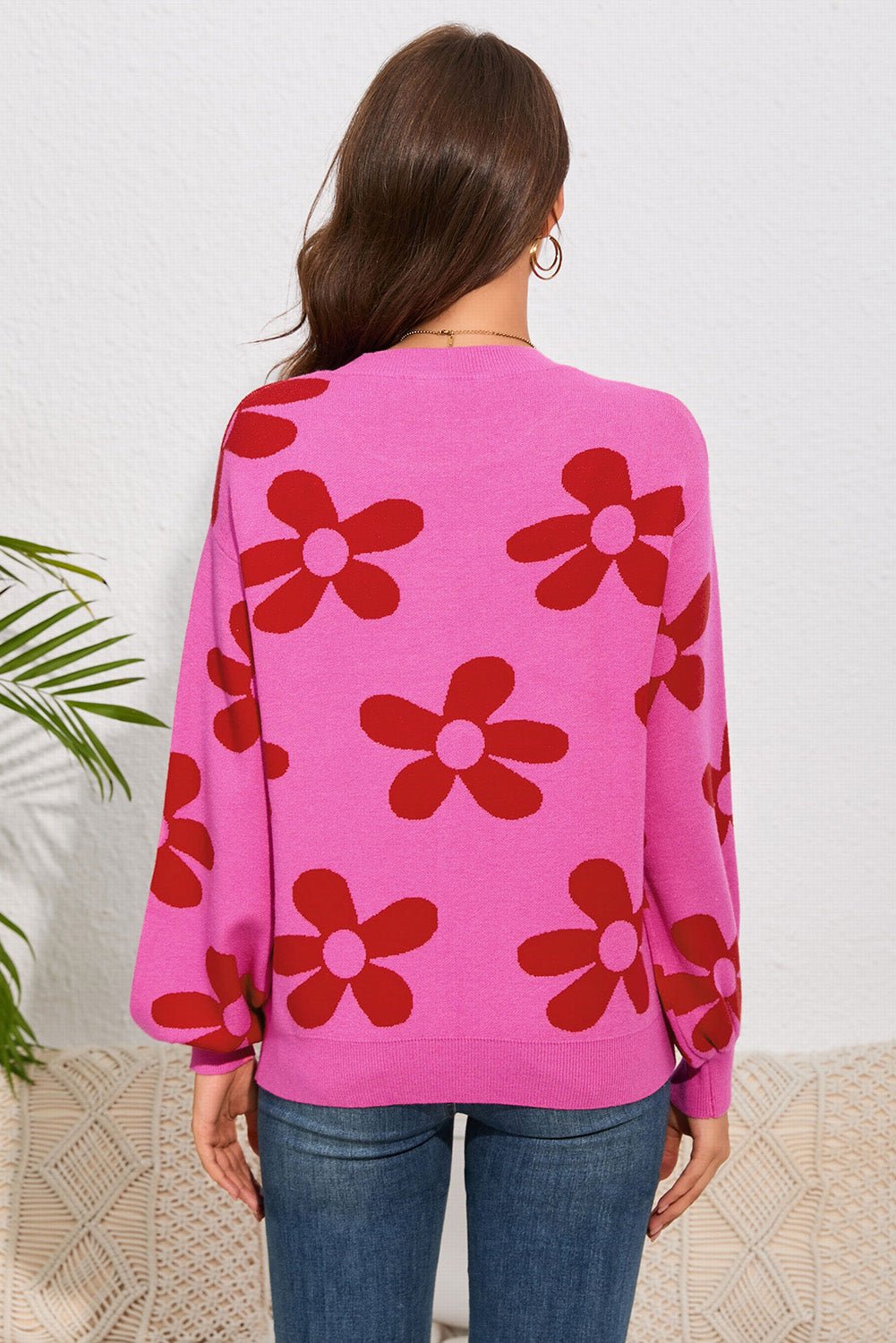 Floral Print Round Neck Dropped Shoulder Sweater - Guy Christopher