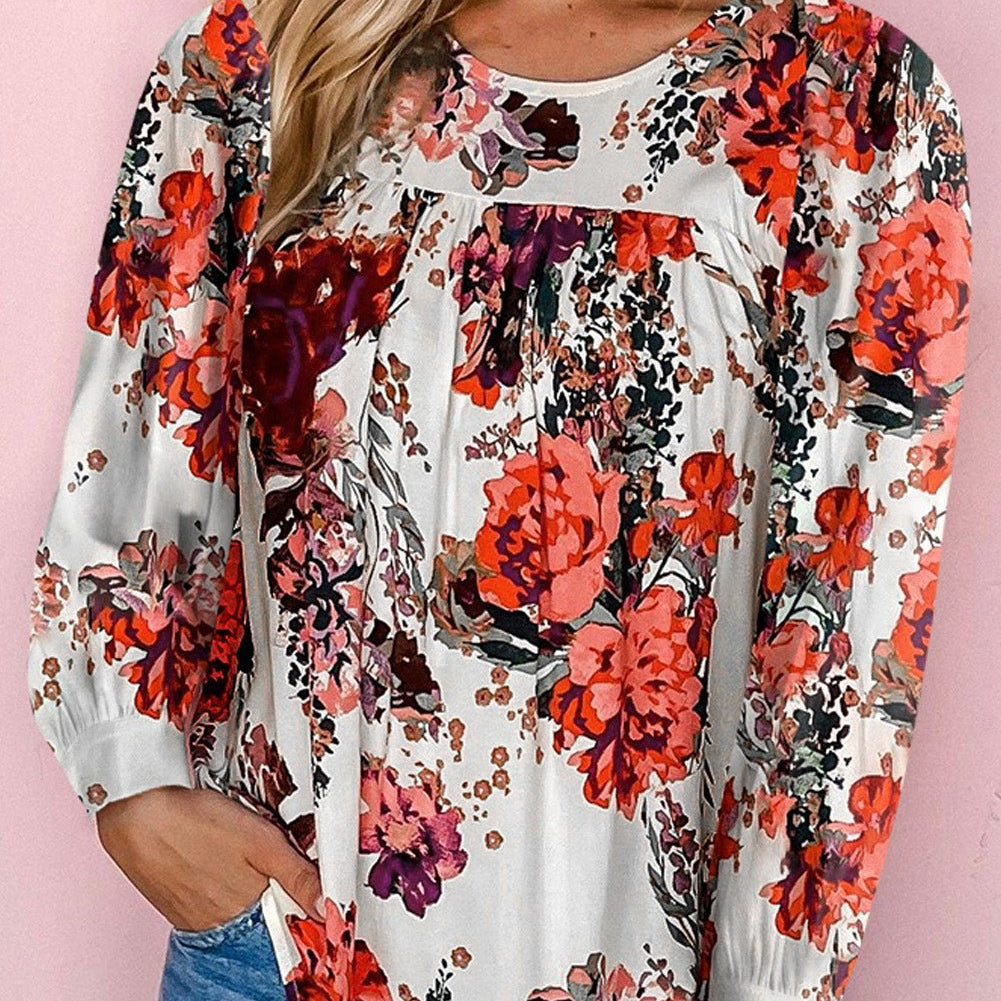 Floral Print Round Neck Long Sleeve Blouse - Guy Christopher