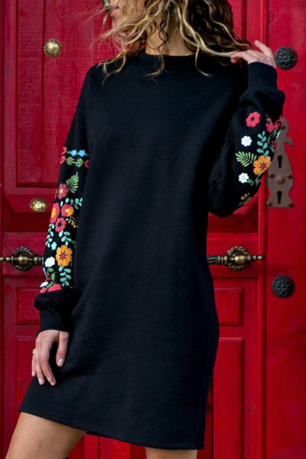 Floral Print Round Neck Long Sleeve Dress - Guy Christopher