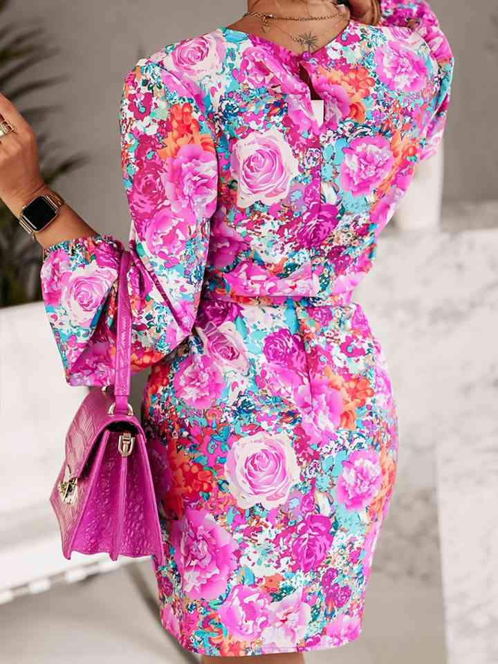 Floral Print Round Neck Long Sleeve Dress - Guy Christopher