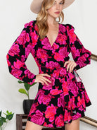 Floral Print Surplice Neck Long Sleeve Dress - Guy Christopher