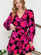 Floral Print Surplice Neck Long Sleeve Dress - Guy Christopher