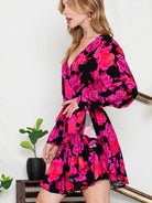 Floral Print Surplice Neck Long Sleeve Dress - Guy Christopher