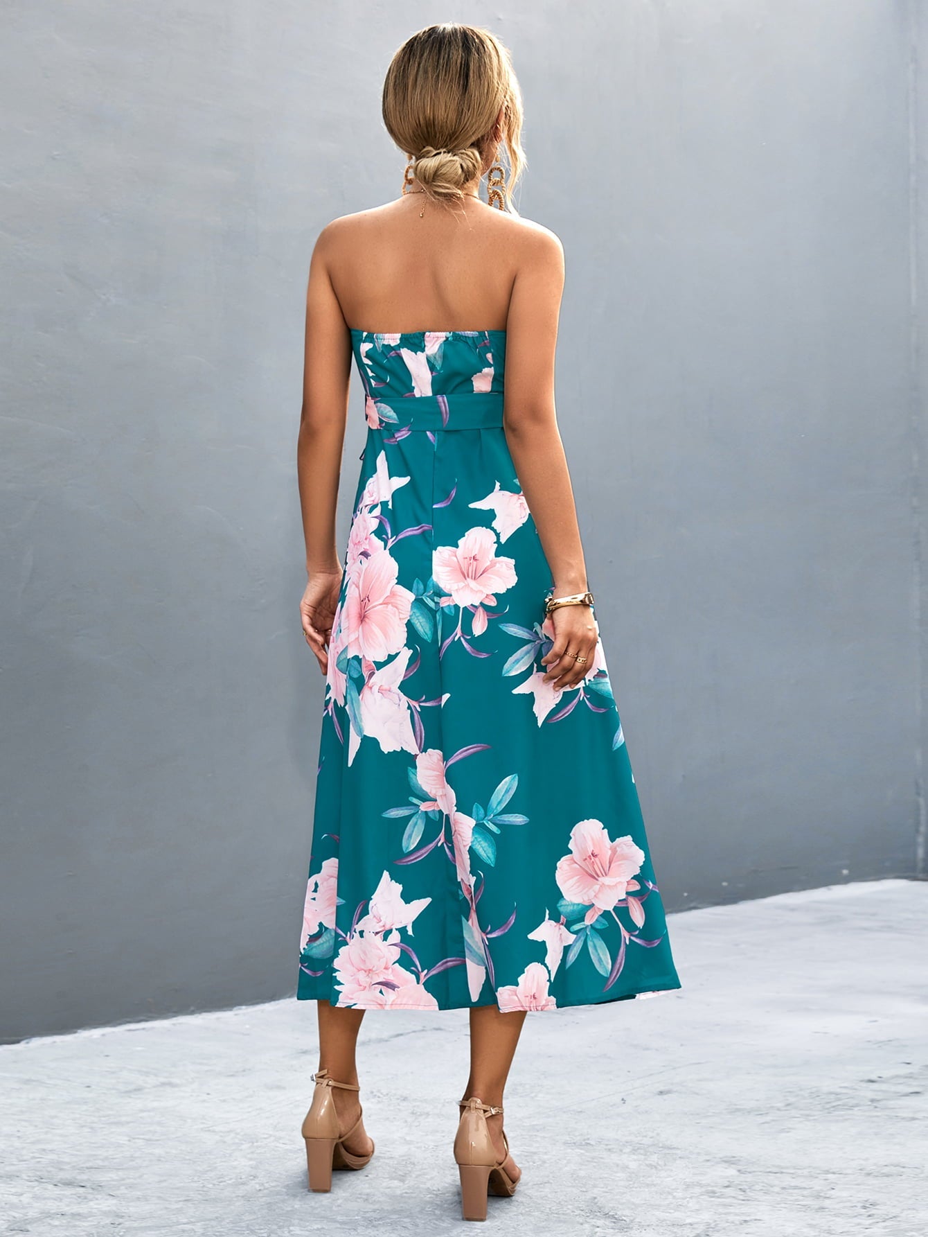 Floral Print Tie Waist Straight Neck Midi Dress - Guy Christopher