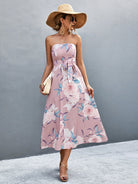 Floral Print Tie Waist Straight Neck Midi Dress - Guy Christopher