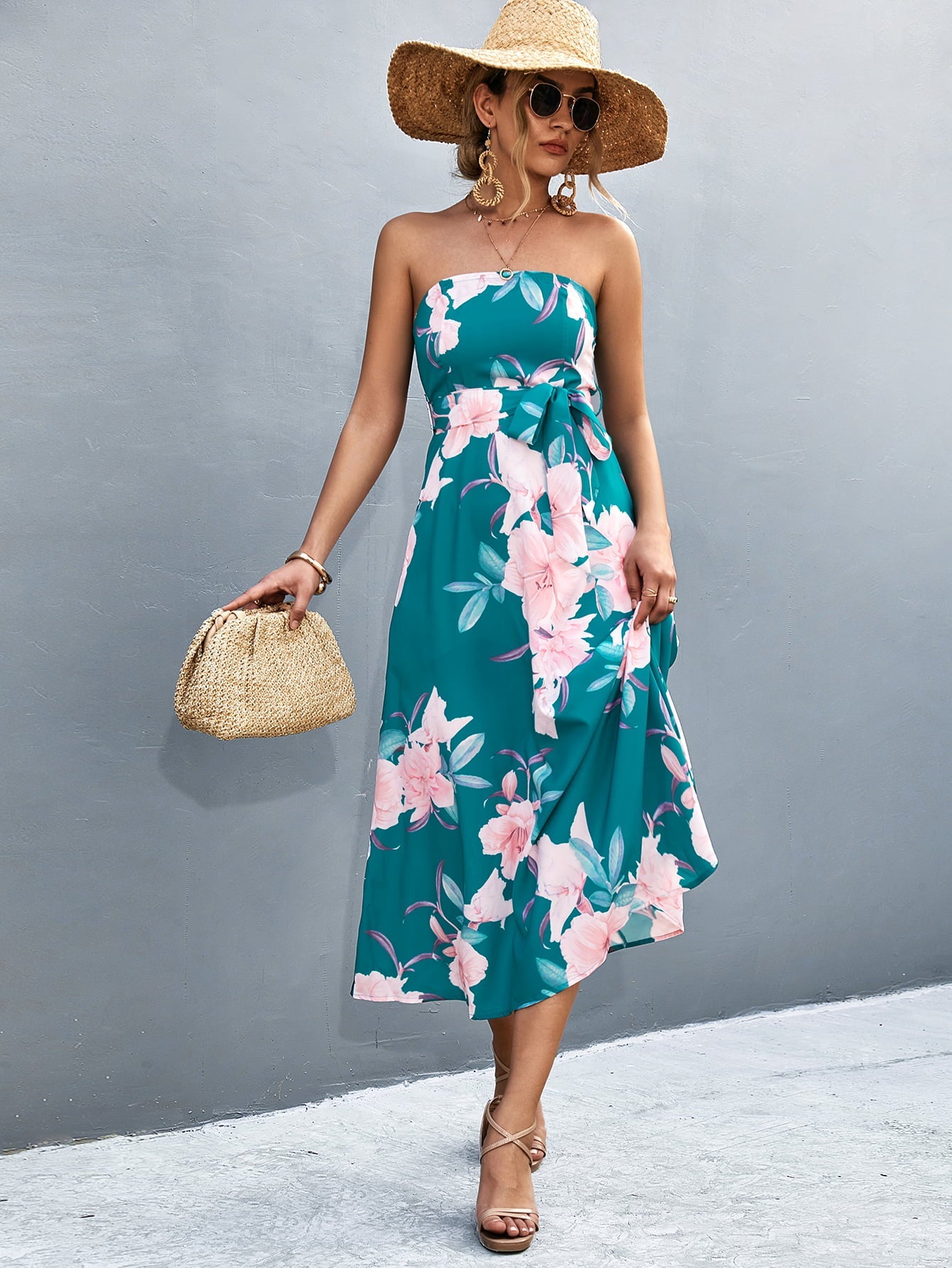 Floral Print Tie Waist Straight Neck Midi Dress - Guy Christopher