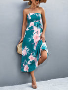 Floral Print Tie Waist Straight Neck Midi Dress - Guy Christopher