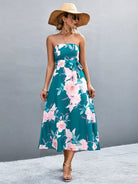 Floral Print Tie Waist Straight Neck Midi Dress - Guy Christopher