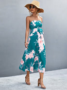 Floral Print Tie Waist Straight Neck Midi Dress - Guy Christopher