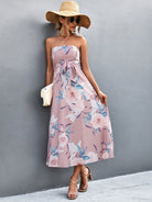 Floral Print Tie Waist Straight Neck Midi Dress - Guy Christopher