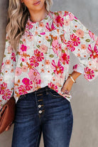 Floral Round Neck Balloon Sleeve Blouse - Guy Christopher