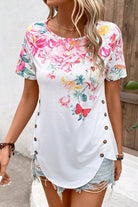 Floral Round Neck Buttoned Hem Detail Top - Guy Christopher