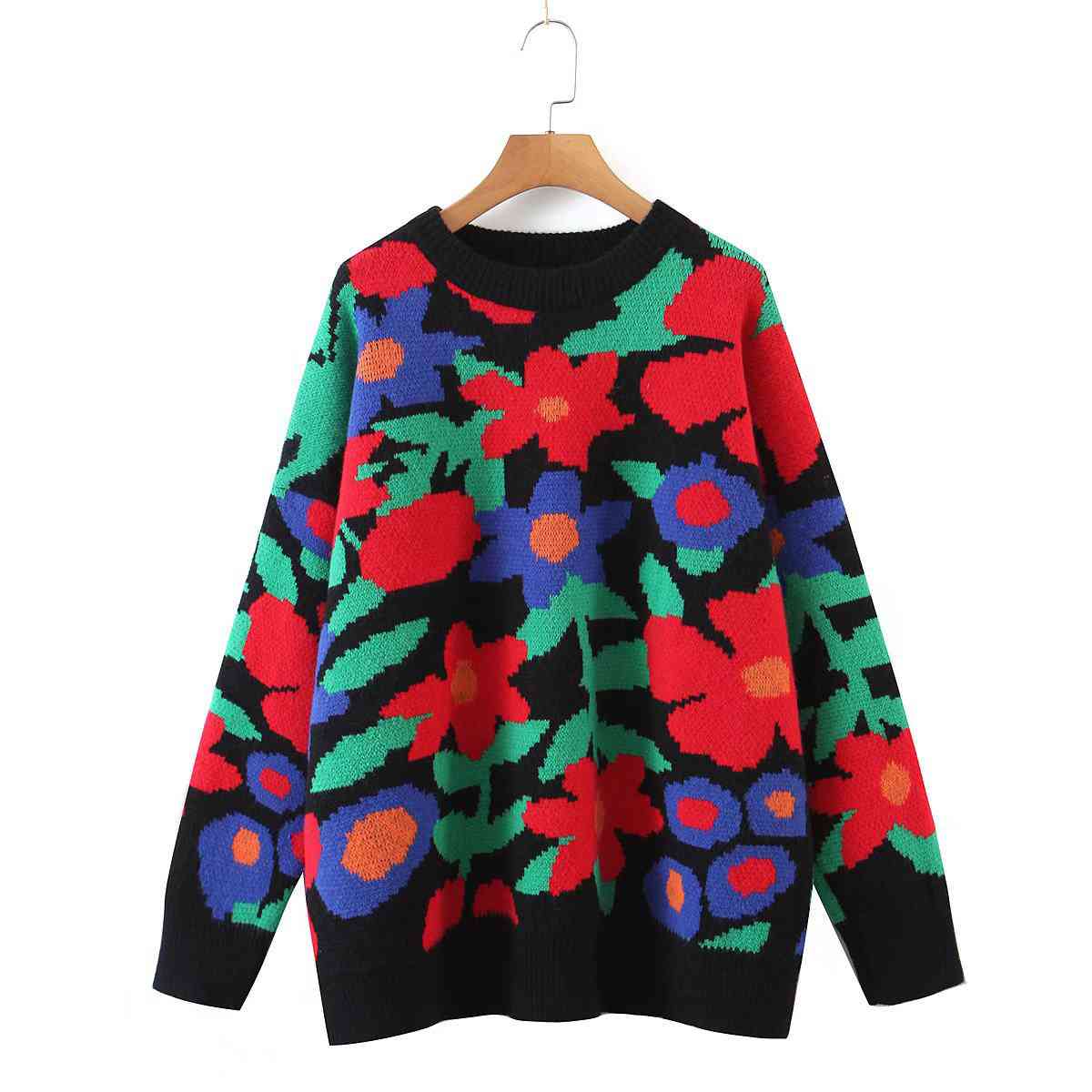 Floral Round Neck Drop Shoulder Sweater - Guy Christopher