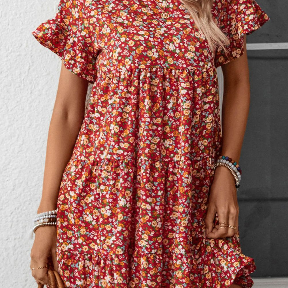 Floral Round Neck Flounce Sleeve Dress - Guy Christopher