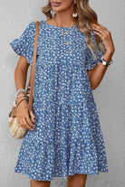 Floral Round Neck Flounce Sleeve Dress - Guy Christopher