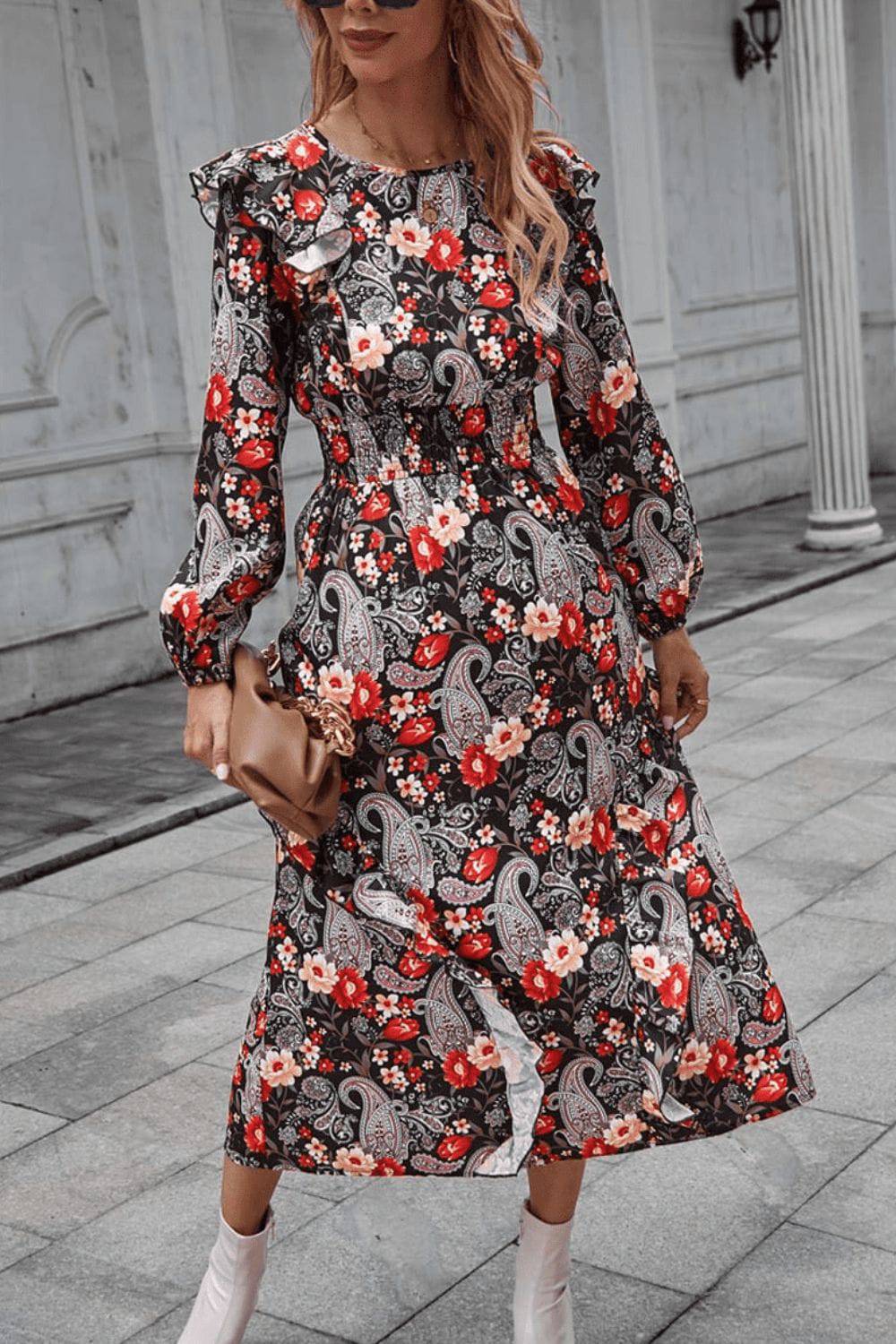 Floral Round Neck Long Sleeve Midi Dress - Guy Christopher