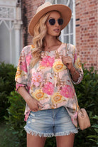 Floral Round Neck Three-Quarter Sleeve Top - Guy Christopher
