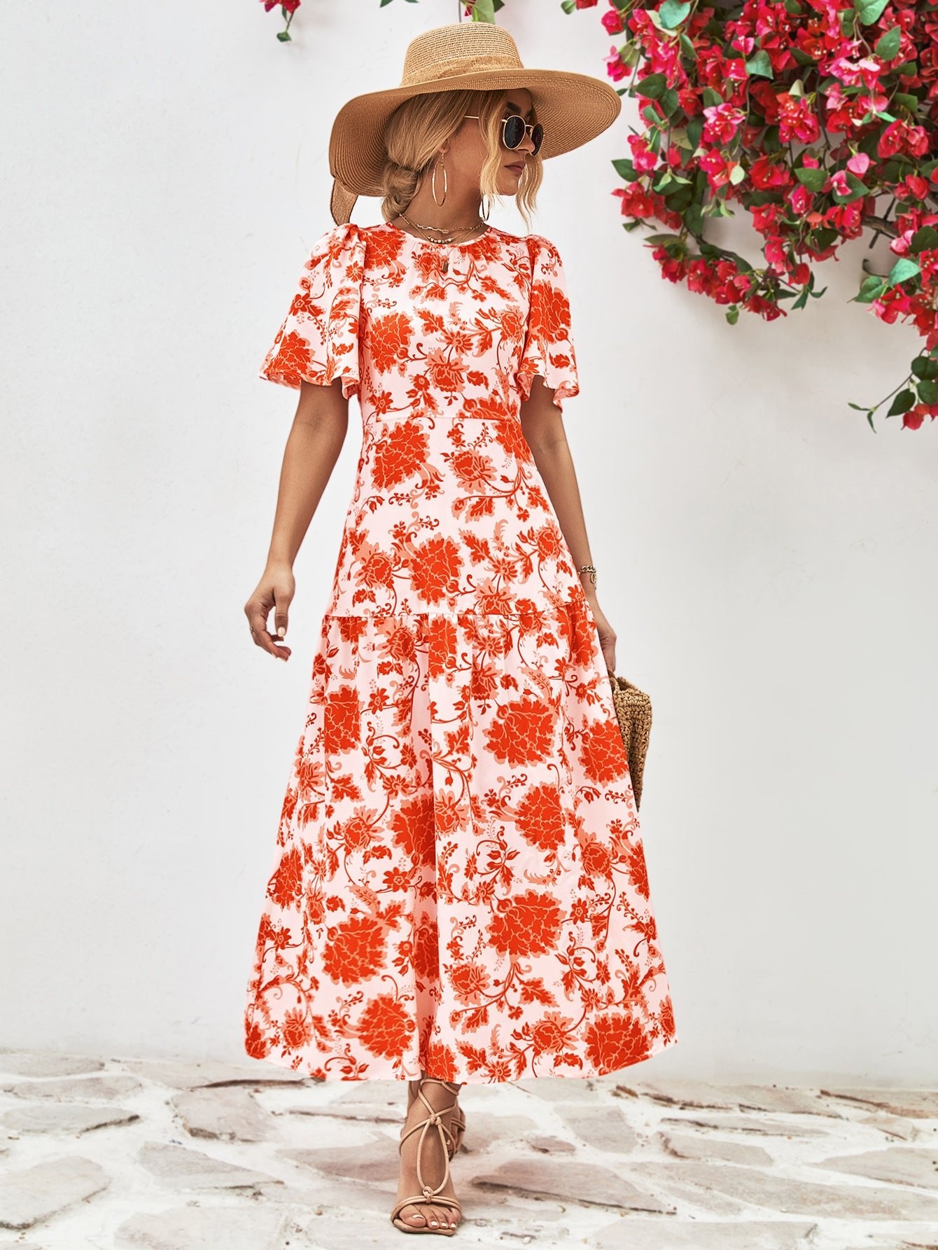 Floral Round Neck Tied Open Back Dress - Guy Christopher