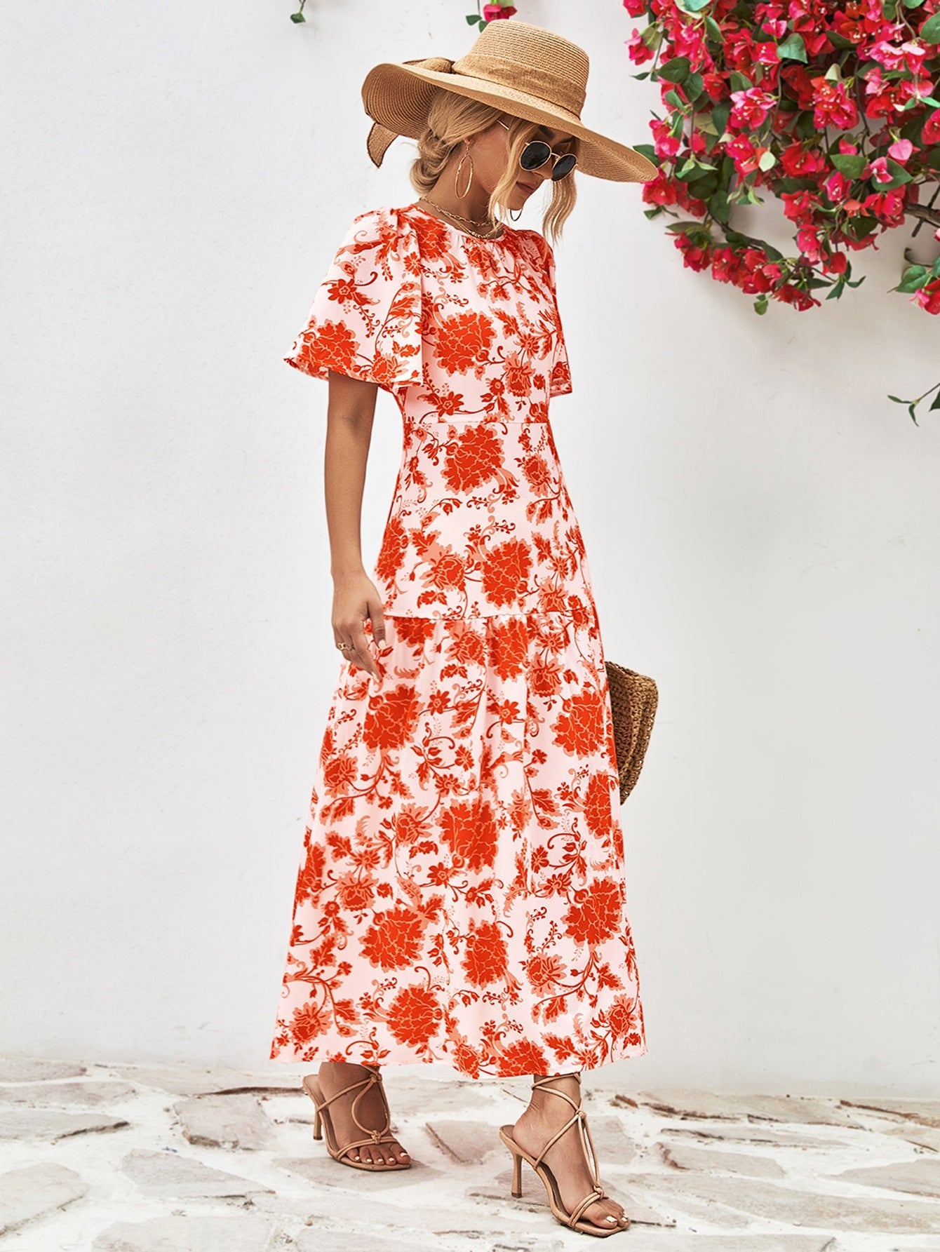 Floral Round Neck Tied Open Back Dress - Guy Christopher