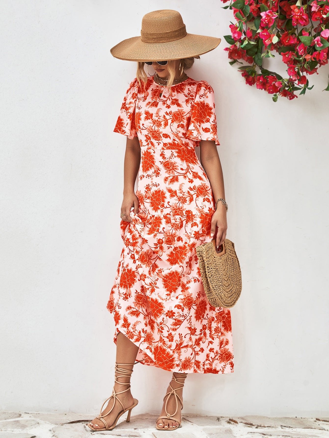 Floral Round Neck Tied Open Back Dress - Guy Christopher