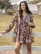 Floral Ruched V-Neck Long Sleeve Dress - Guy Christopher