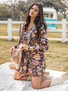 Floral Ruched V-Neck Long Sleeve Dress - Guy Christopher