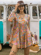 Floral Ruched V-Neck Long Sleeve Dress - Guy Christopher