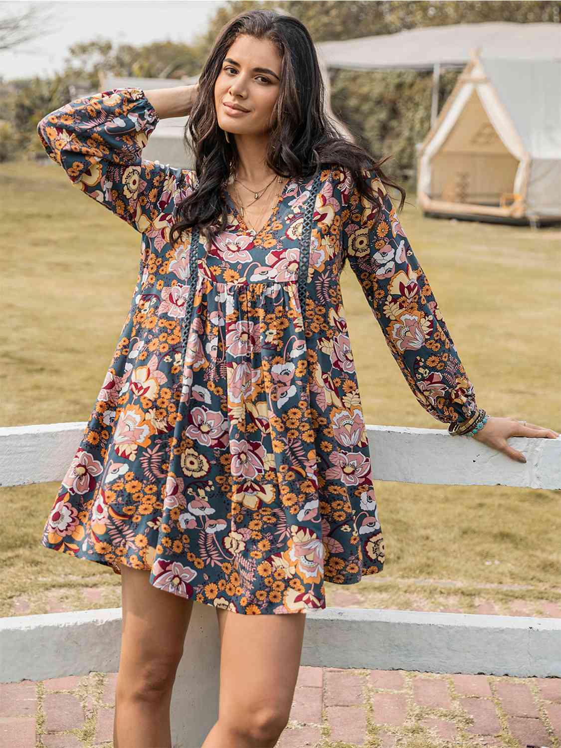 Floral Ruched V-Neck Long Sleeve Dress - Guy Christopher