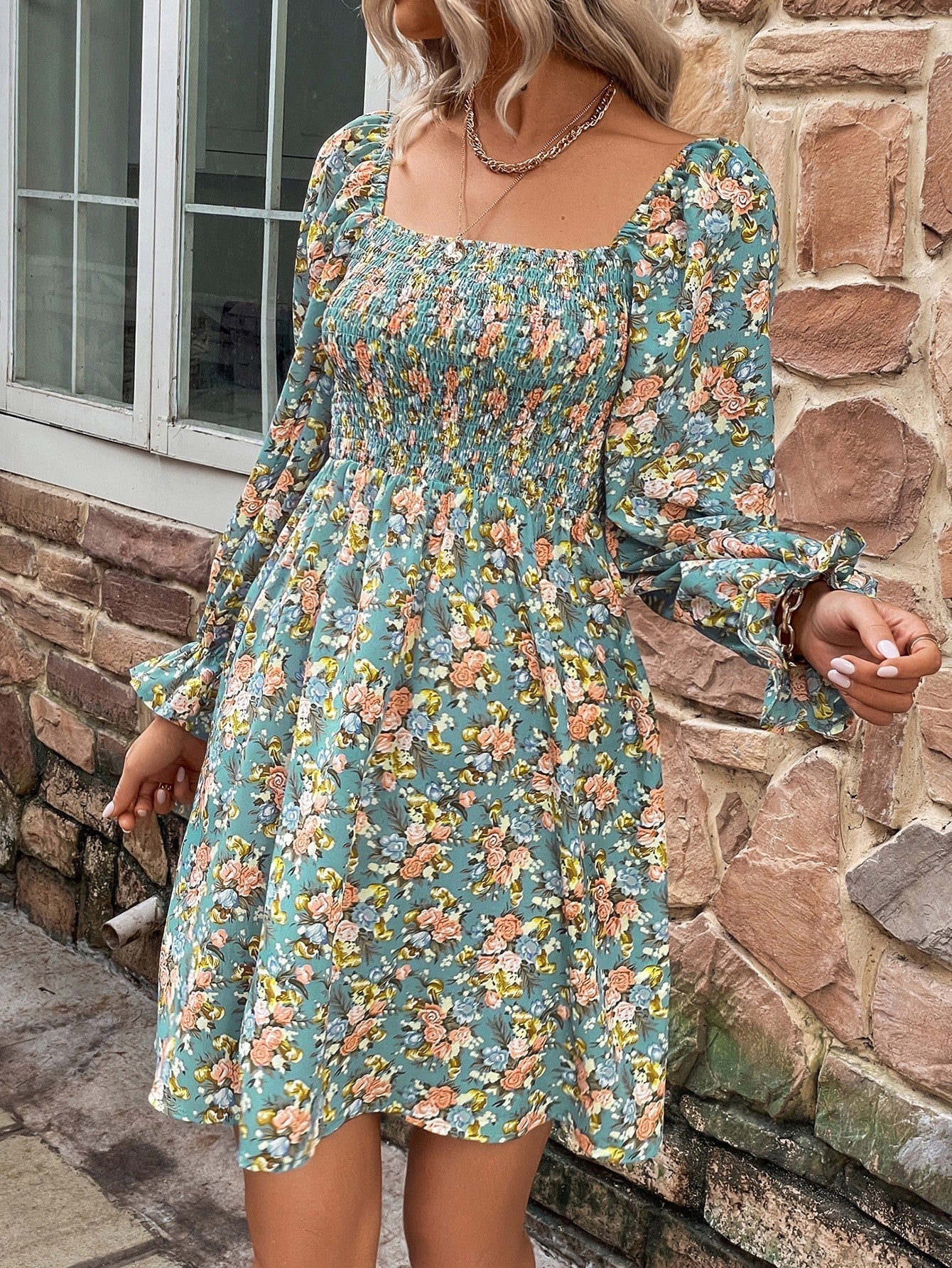 Floral Smocked Flounce Sleeve Square Neck Dress - Guy Christopher