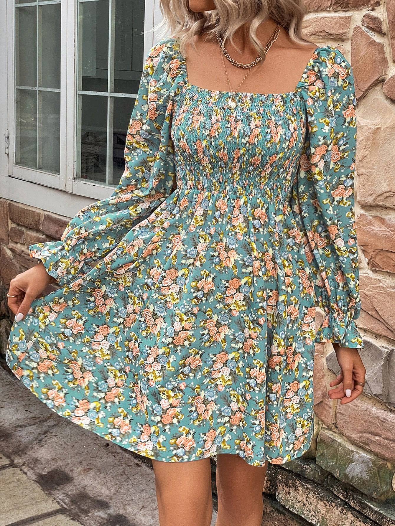 Floral Smocked Flounce Sleeve Square Neck Dress - Guy Christopher