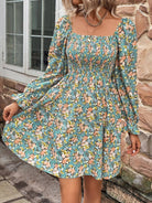 Floral Smocked Flounce Sleeve Square Neck Dress - Guy Christopher