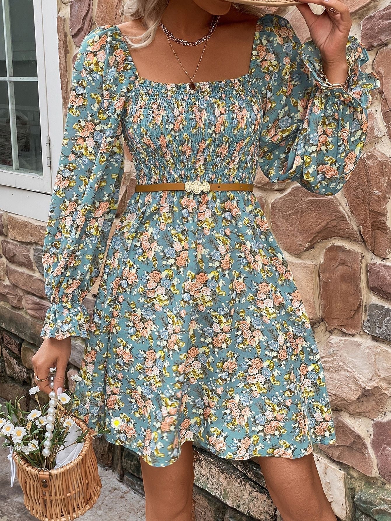 Floral Smocked Flounce Sleeve Square Neck Dress - Guy Christopher