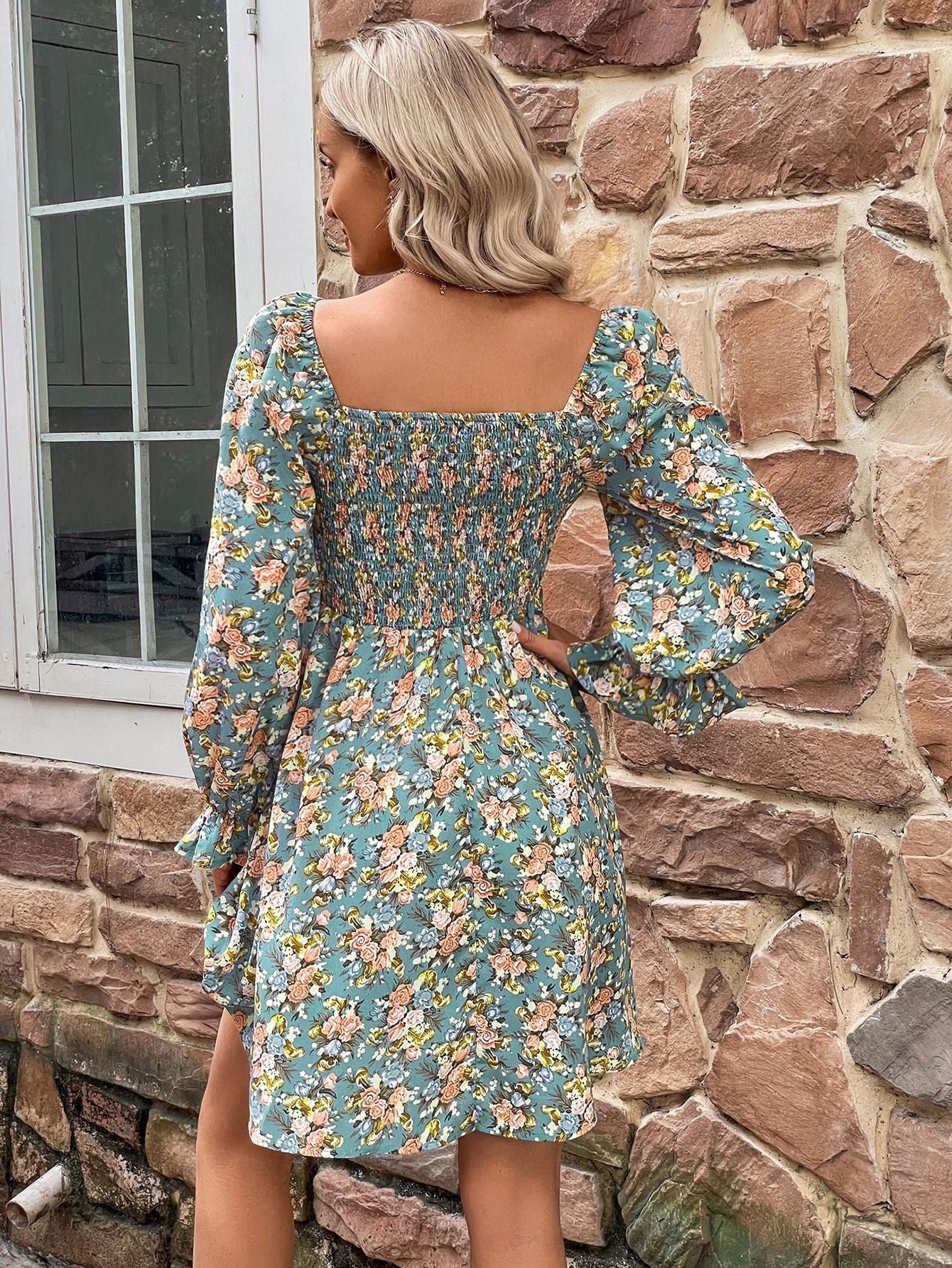 Floral Smocked Flounce Sleeve Square Neck Dress - Guy Christopher