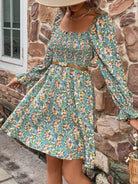 Floral Smocked Flounce Sleeve Square Neck Dress - Guy Christopher