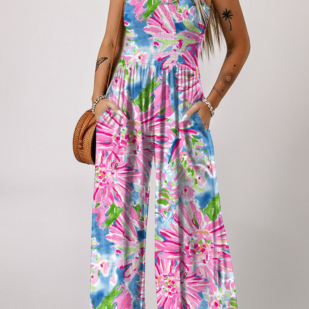 Floral Smocked Square Neck Jumpsuit with Pockets - Guy Christopher